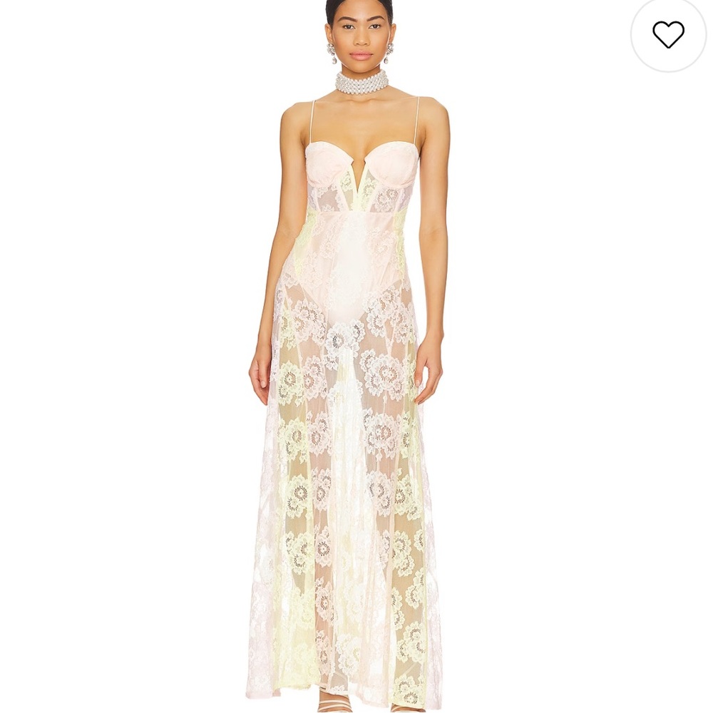 For Love & Lemons Sheer Lace Maxi Dress in Pink and Yellow - Picture 4 of 12